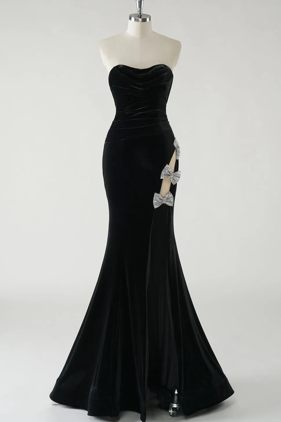 Veludo preto sem alças laços brilhantes longo vestido formal com fenda alta (não luvas)
