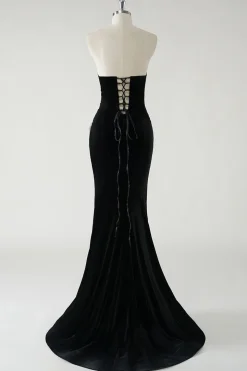 Veludo preto sem alças laços brilhantes longo vestido formal com fenda alta (não luvas)
