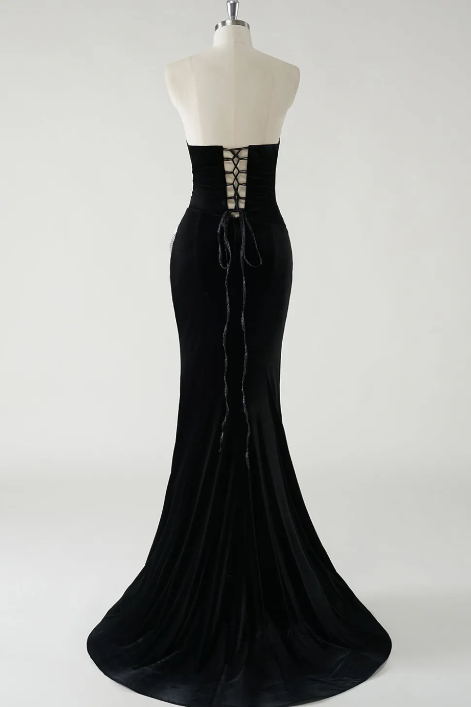 Veludo preto sem alças laços brilhantes longo vestido formal com fenda alta (não luvas)
