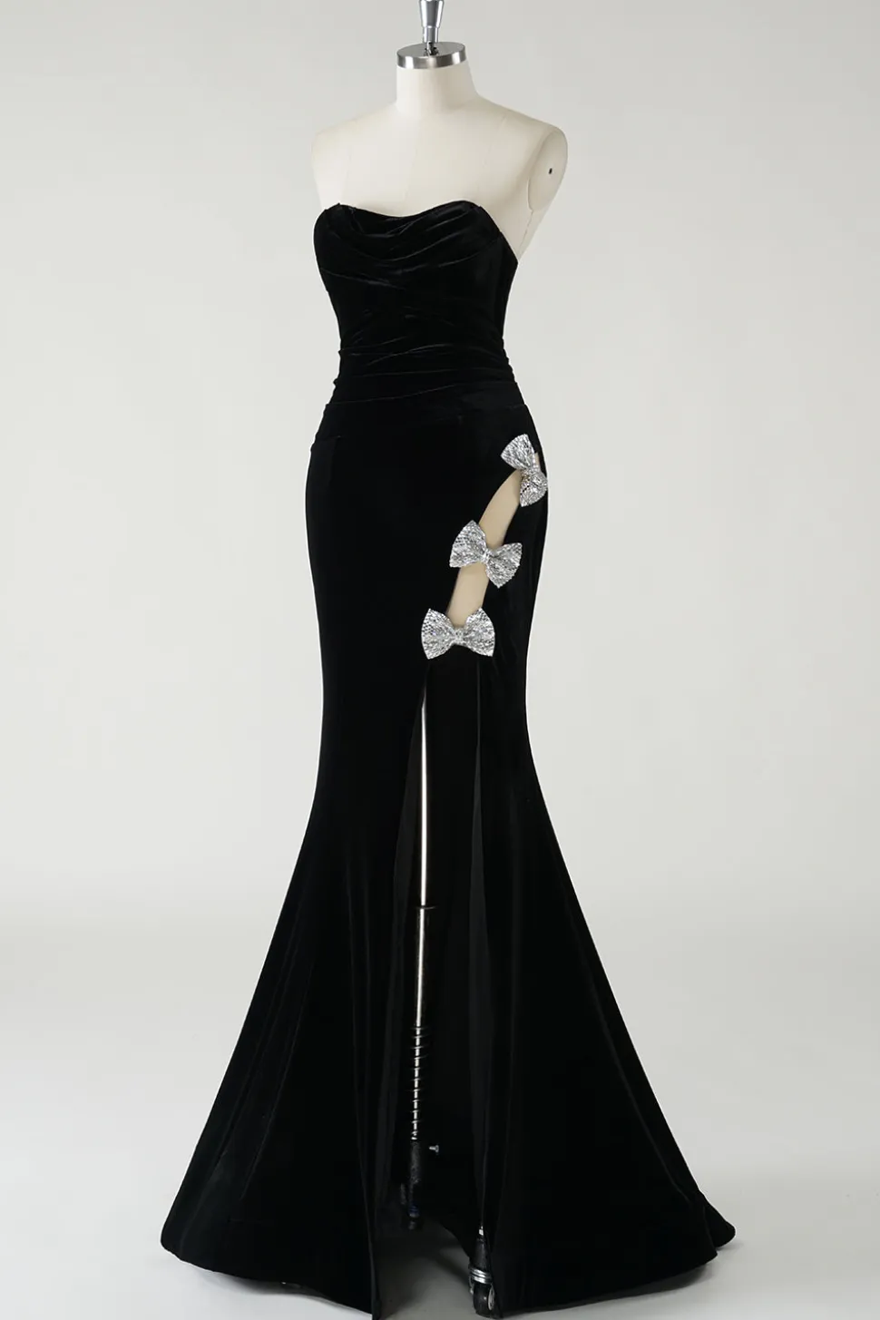 Veludo preto sem alças laços brilhantes longo vestido formal com fenda alta (não luvas)