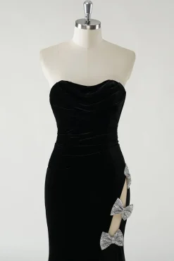 Veludo preto sem alças laços brilhantes longo vestido formal com fenda alta (não luvas)