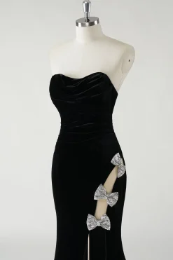 Veludo preto sem alças laços brilhantes longo vestido formal com fenda alta (não luvas)