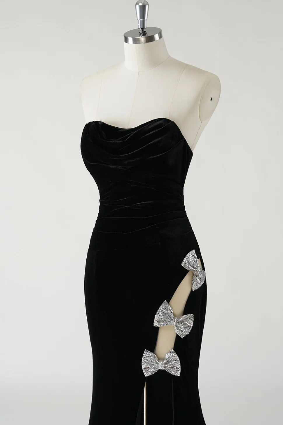 Veludo preto sem alças laços brilhantes longo vestido formal com fenda alta (não luvas)