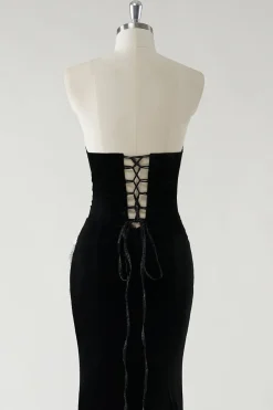 Veludo preto sem alças laços brilhantes longo vestido formal com fenda alta (não luvas)