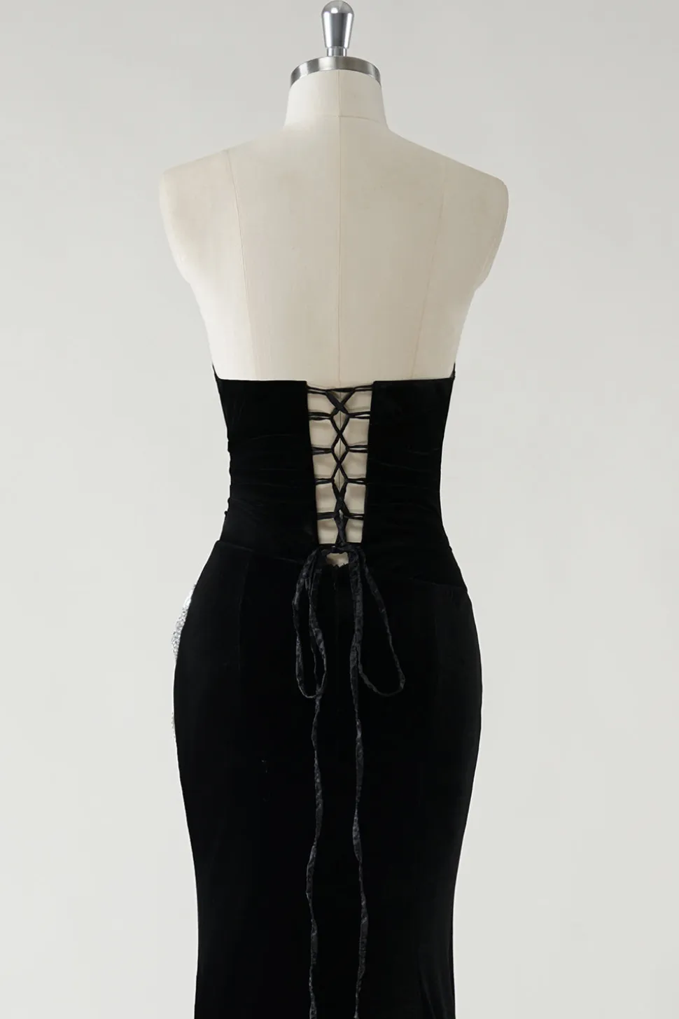 Veludo preto sem alças laços brilhantes longo vestido formal com fenda alta (não luvas)