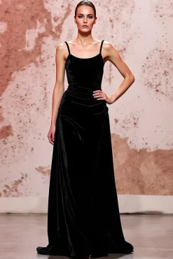 Veludo Preto Simples Longo Esparguete Correias Vestido de Noite