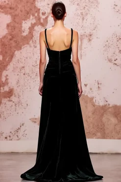Veludo Preto Simples Longo Esparguete Correias Vestido de Noite
