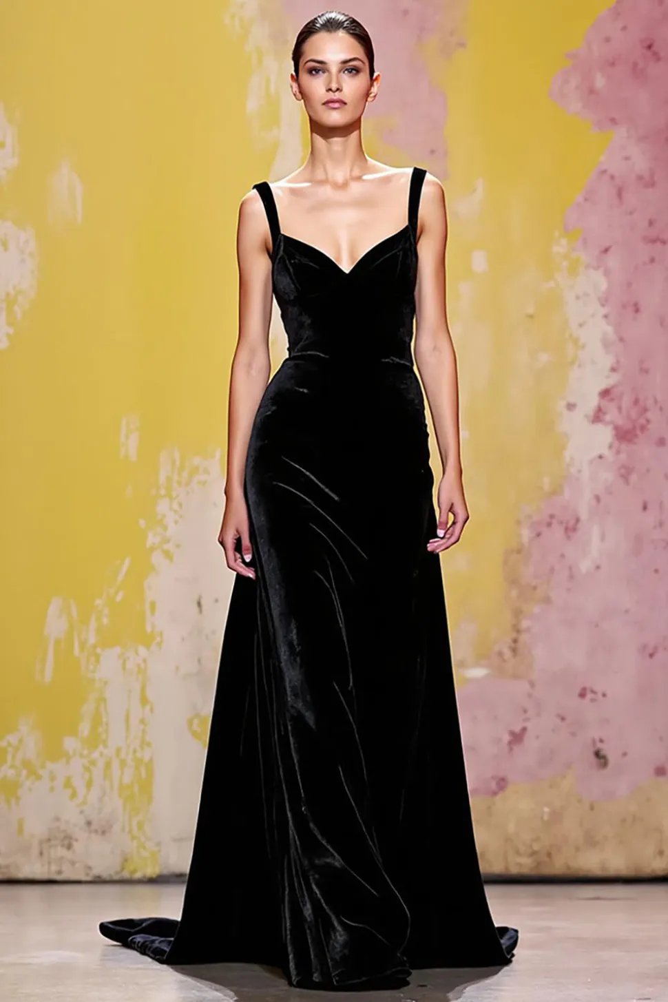 Veludo preto simples vestido de noite longa bainha