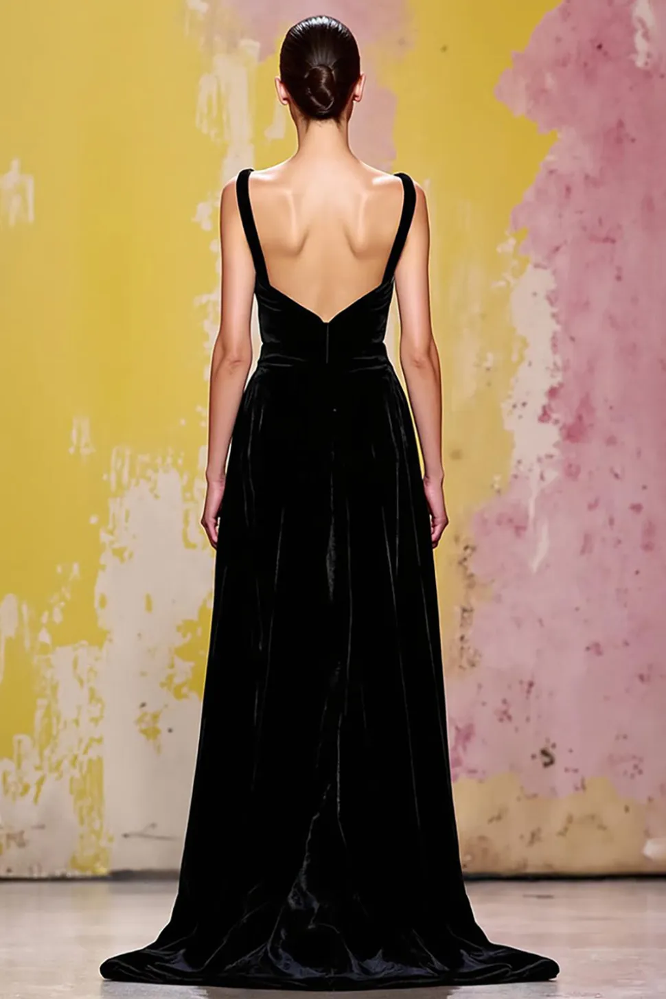 Veludo preto simples vestido de noite longa bainha