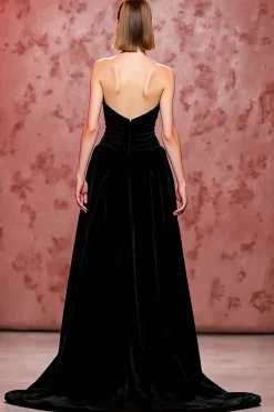 Veludo Preto Simples Vestido de Noite Longo Sem Alças com Fenda