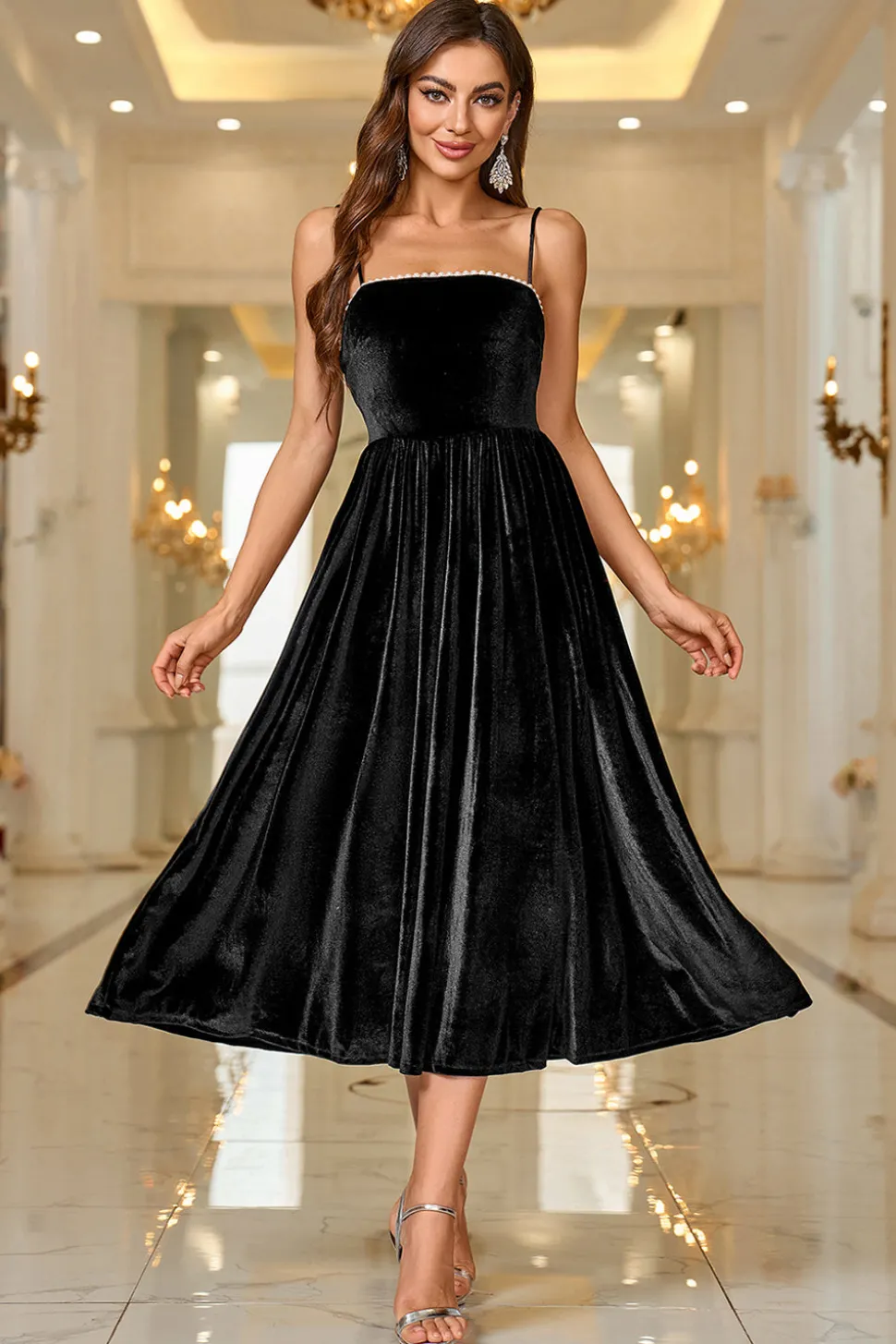 Veludo Preto Uma Linha Esparguete Correias Chá Comprimento Prom Dress