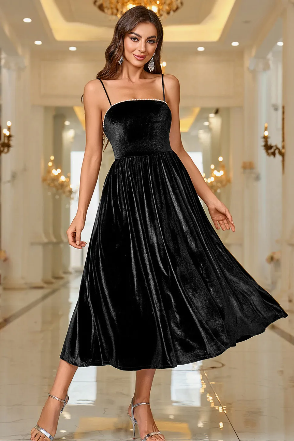 Veludo Preto Uma Linha Esparguete Correias Chá Comprimento Prom Dress