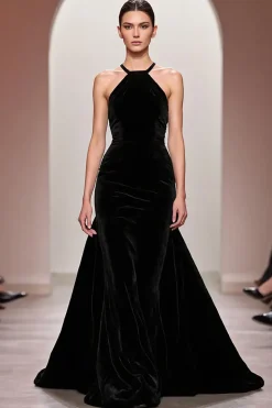 Veludo Preto Uma Linha Halter Vestido de Noite Longo