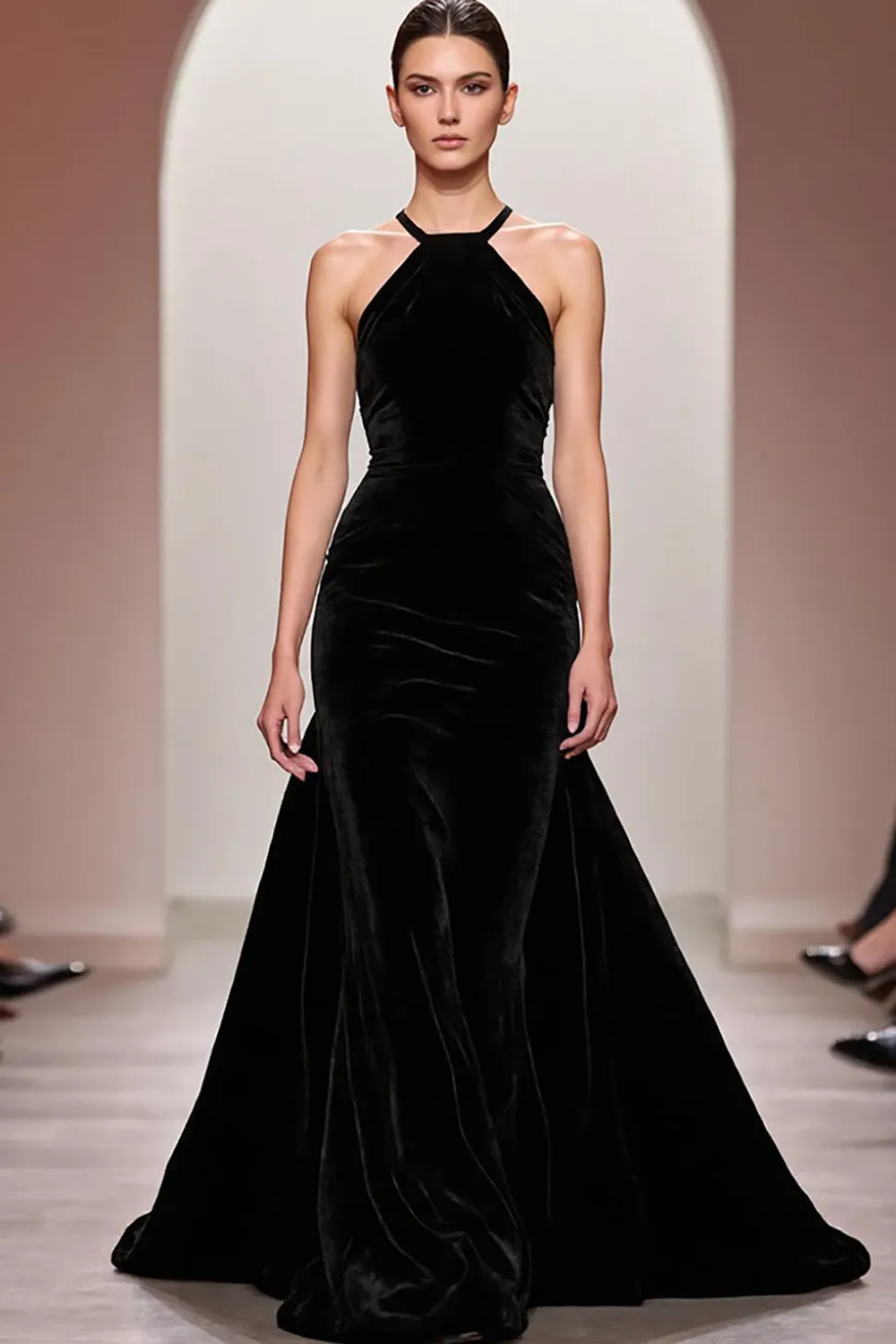 Veludo Preto Uma Linha Halter Vestido de Noite Longo