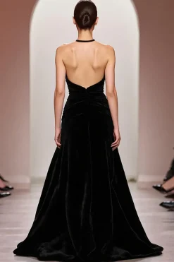 Veludo Preto Uma Linha Halter Vestido de Noite Longo