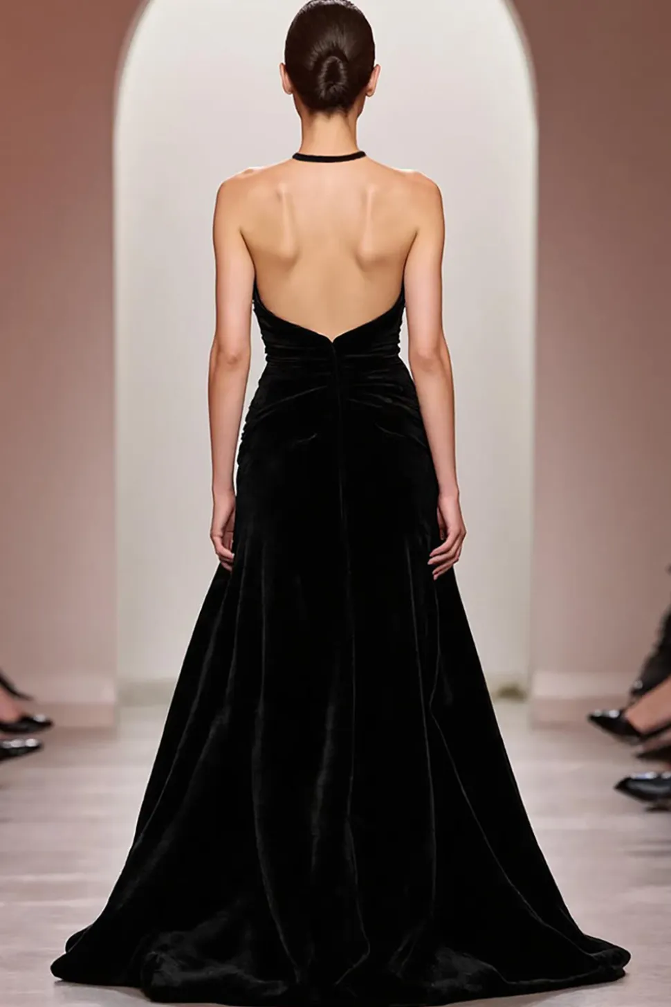 Veludo Preto Uma Linha Halter Vestido de Noite Longo