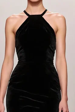 Veludo Preto Uma Linha Halter Vestido de Noite Longo