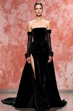 Veludo Preto Uma Linha Strapless Vestido de Noite Longo com Fenda