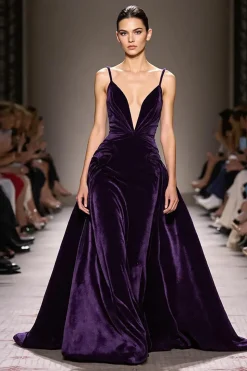 Veludo roxo escuro uma linha profunda V-neck longo vestido de noite