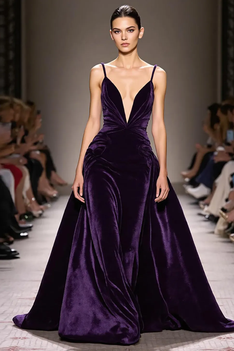 Veludo roxo escuro uma linha profunda V-neck longo vestido de noite