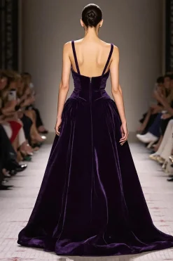 Veludo roxo escuro uma linha profunda V-neck longo vestido de noite
