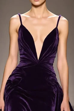 Veludo roxo escuro uma linha profunda V-neck longo vestido de noite