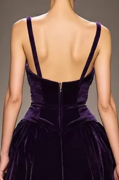 Veludo roxo escuro uma linha profunda V-neck longo vestido de noite