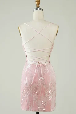 Veludo Sequins Rosa Tight Homecoming Dress com Hollow-out