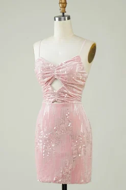 Veludo Sequins Rosa Tight Homecoming Dress com Hollow-out