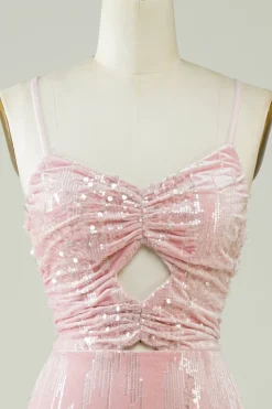 Veludo Sequins Rosa Tight Homecoming Dress com Hollow-out