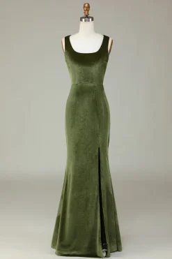 Veludo Sereia Olive Vestido Madrinha com Fenda