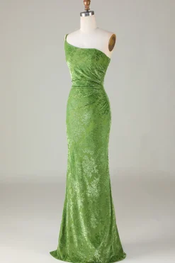 Veludo Sereia Um Ombro Olive Vestido Madrinha
