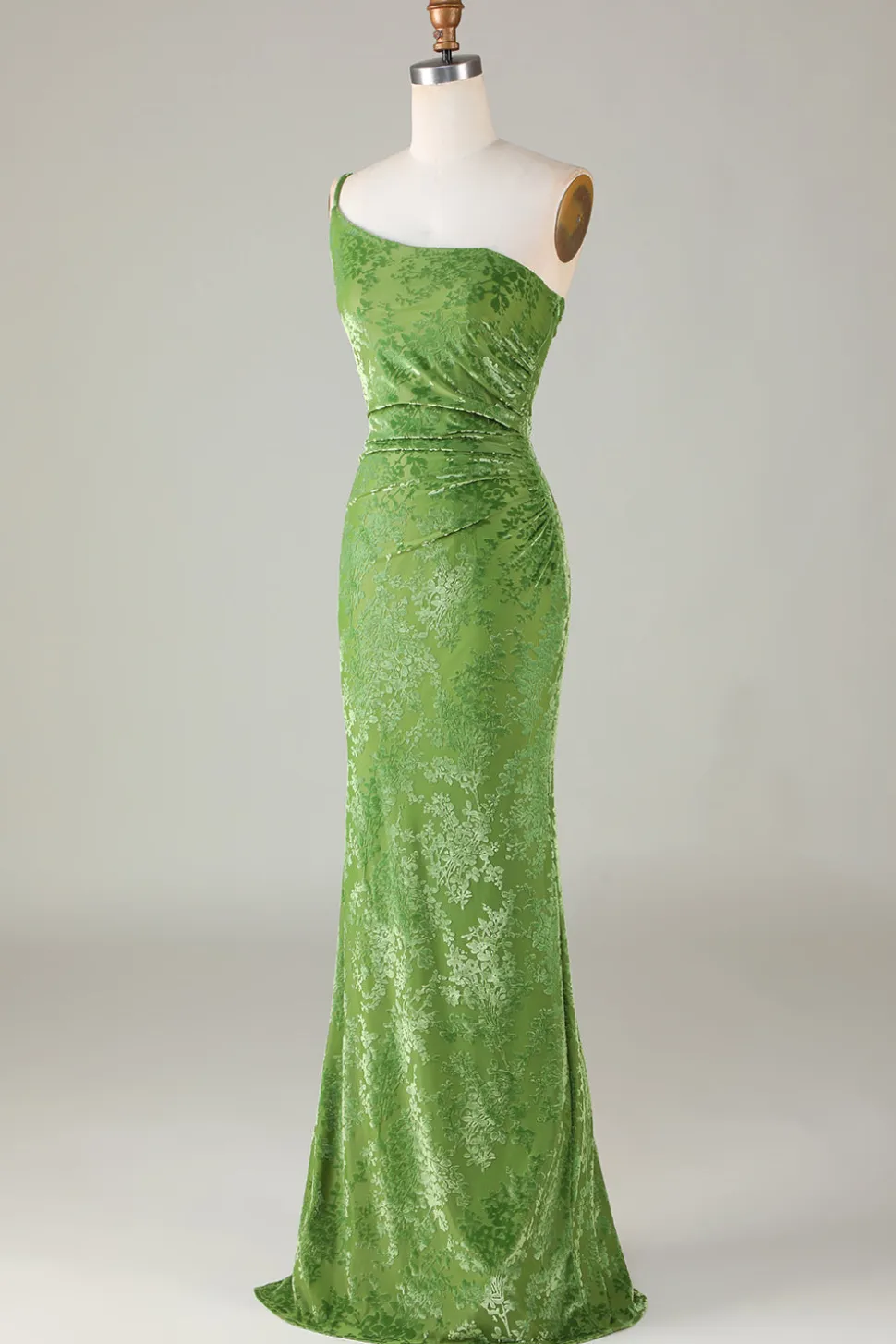 Veludo Sereia Um Ombro Olive Vestido Madrinha