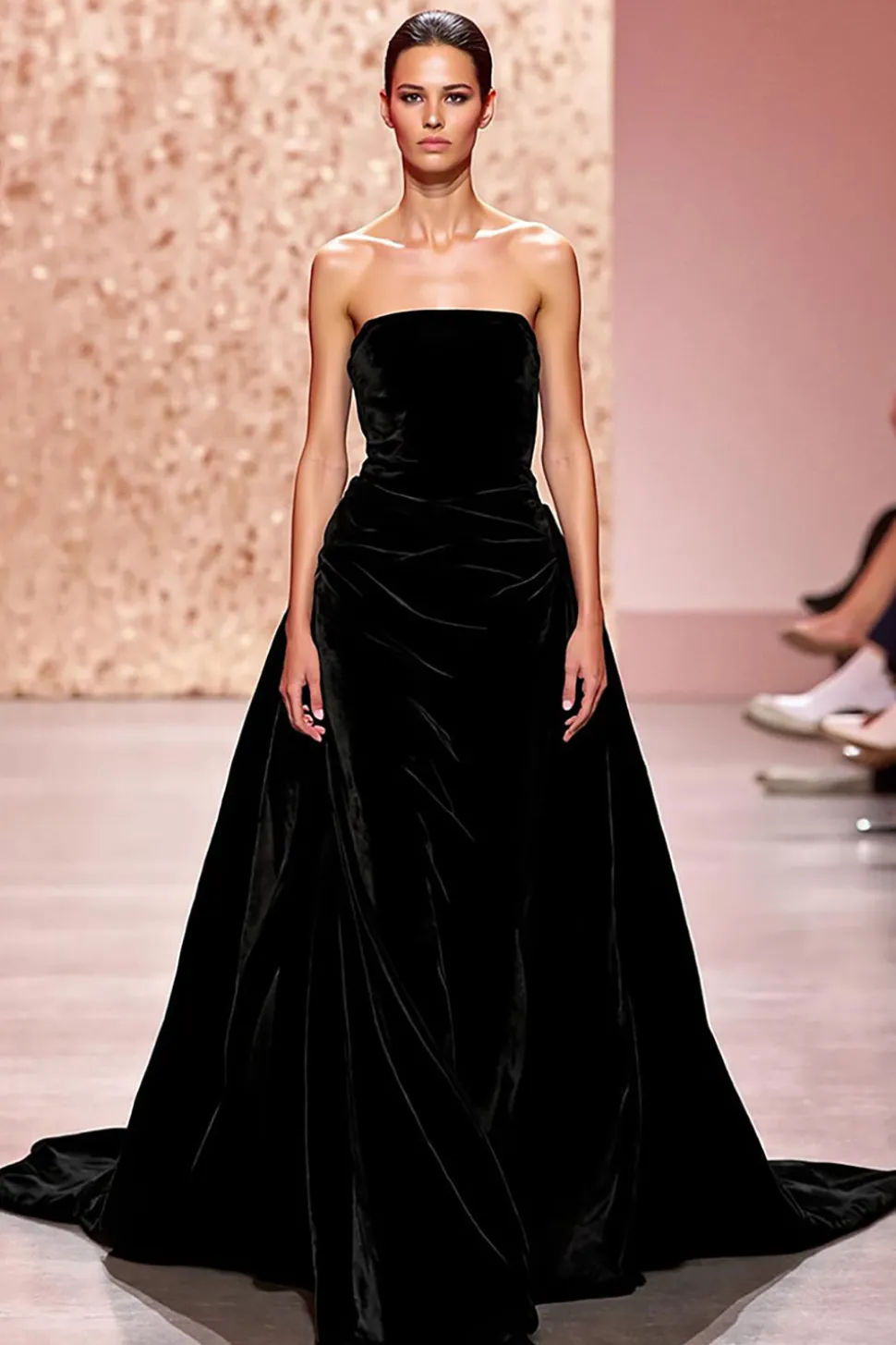 Veludo simples preto sem alças uma linha longo vestido de noite