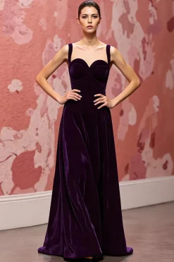 Veludo Simples Roxo Escuro Uma Linha Long Holiday Vestido de Festa