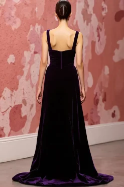 Veludo Simples Roxo Escuro Uma Linha Long Holiday Vestido de Festa