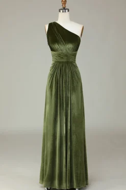 Veludo Um Ombro Olive Vestido Madrinha