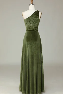 Veludo Um Ombro Olive Vestido Madrinha