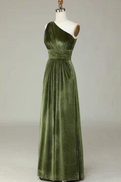 Veludo Um Ombro Olive Vestido Madrinha