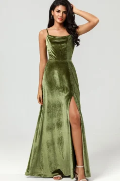 Veludo Uma Linha Verde Vestido Madrinha com Fenda