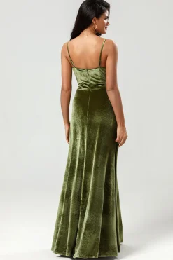 Veludo Uma Linha Verde Vestido Madrinha com Fenda