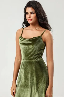 Veludo Uma Linha Verde Vestido Madrinha com Fenda