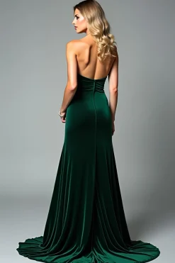 Veludo Verde Escuro Strapless Bainha Vestido Formal com Fenda
