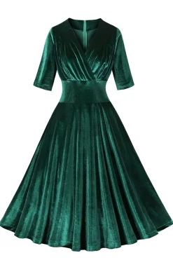 Veludo Verde Escuro V Neck Vestido babado dos anos 1950