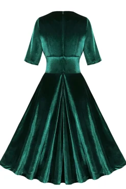 Veludo Verde Escuro V Neck Vestido babado dos anos 1950
