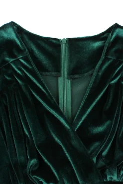 Veludo Verde Escuro V Neck Vestido babado dos anos 1950