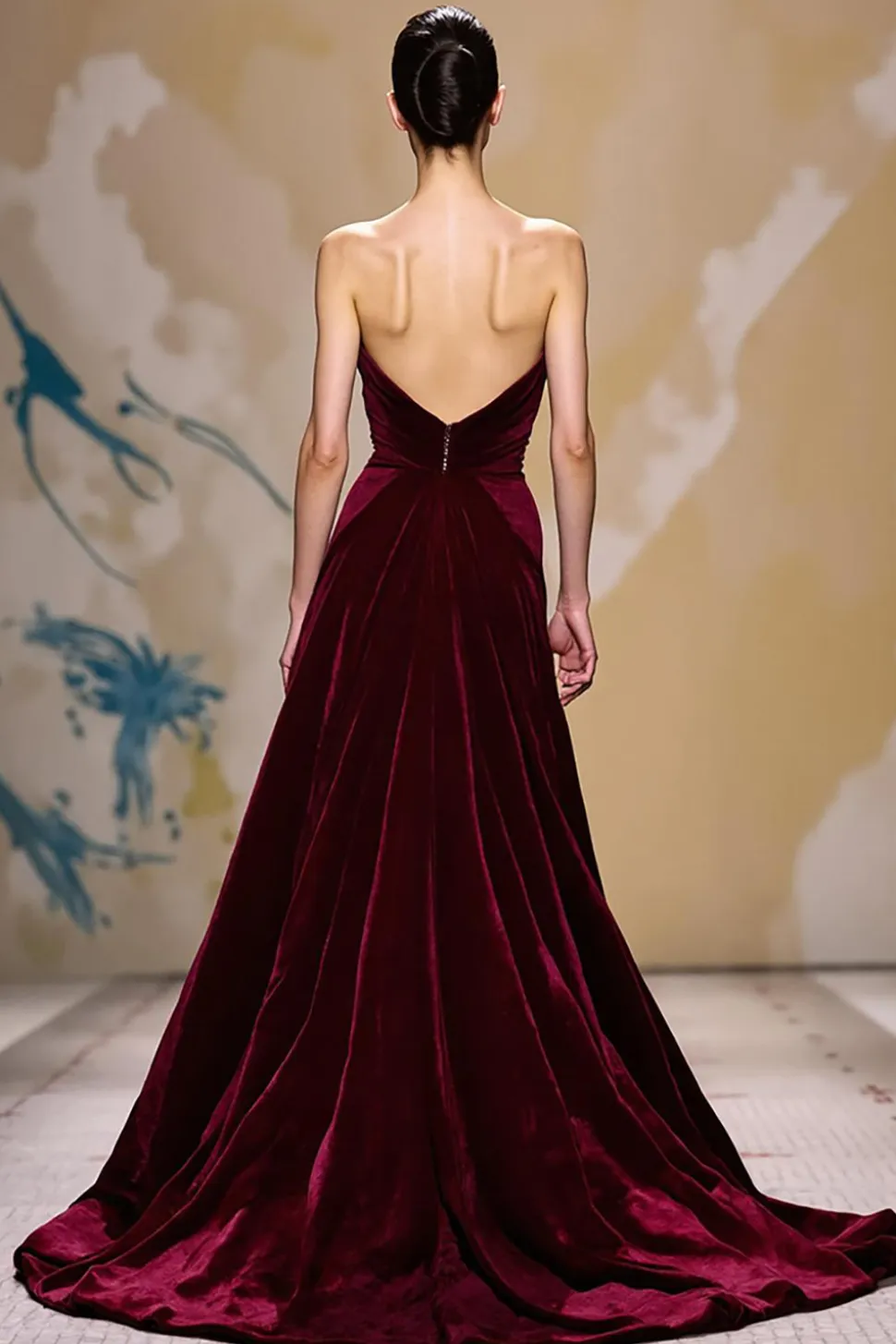 Veludo Vermelho Escuro Uma Linha Strapless Long Holiday Vestido de Festa