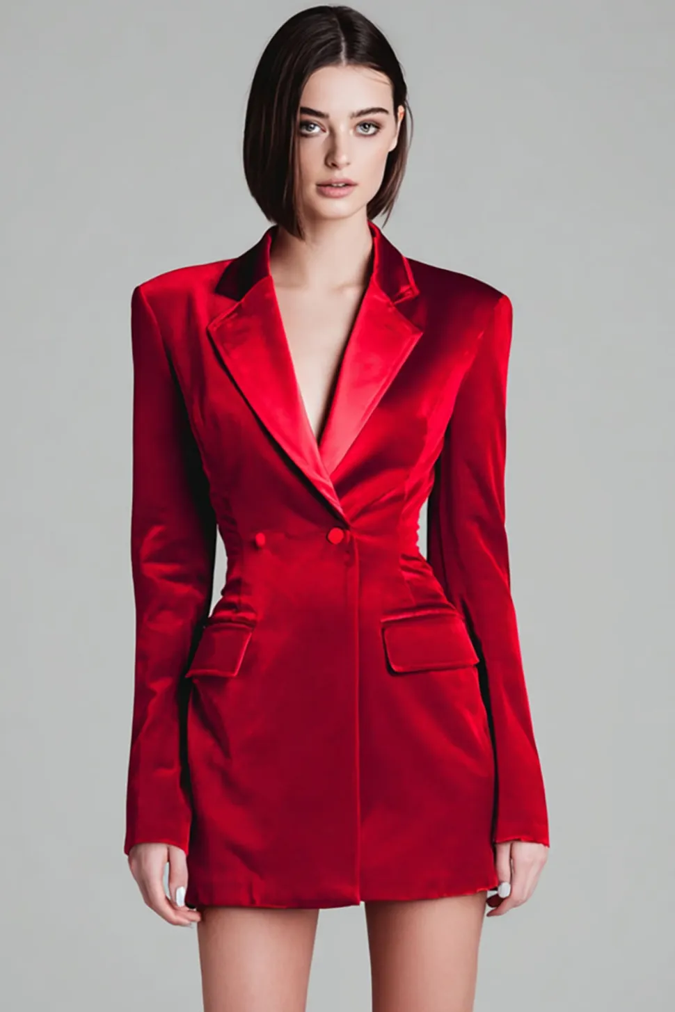 Veludo Vermelho Notched Lapela Vestido Blazer Curto
