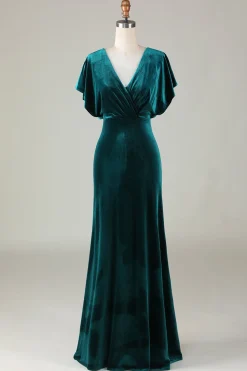 Veludo V-Neck Peacock vestido de dama de honra com babados