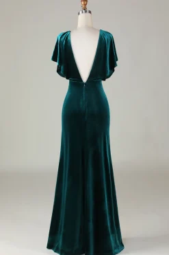 Veludo V-Neck Peacock vestido de dama de honra com babados